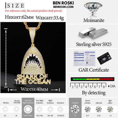 Shark of the Ocean Pendant Sterling Silver, Gold & Rose Gold Plated | VVS Moissanite | GRA Certified