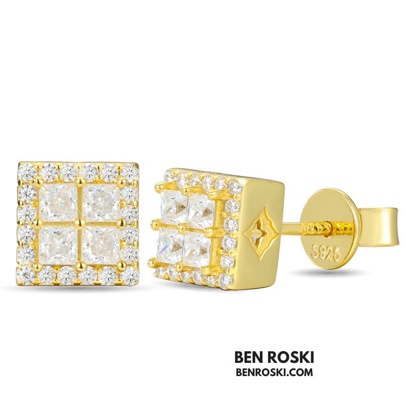 Square Cluster Stud Earrings Sterling Silver, Gold or Rose Gold Plated | 5A Moissanite Stones