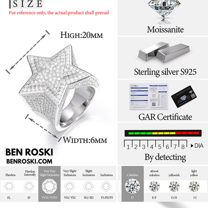 Star Iced-Out Ring Sterling Silver or Gold/Rose Gold Plated | VVS Moissanite | GRA Certified