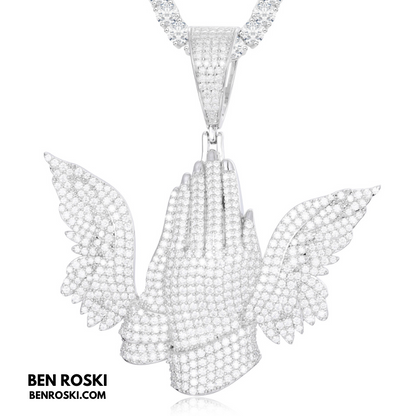 Praying Hands with Wings Pendant Sterling Silver, Gold, or Rose Gold | VVS Moissanite | GRA Certified