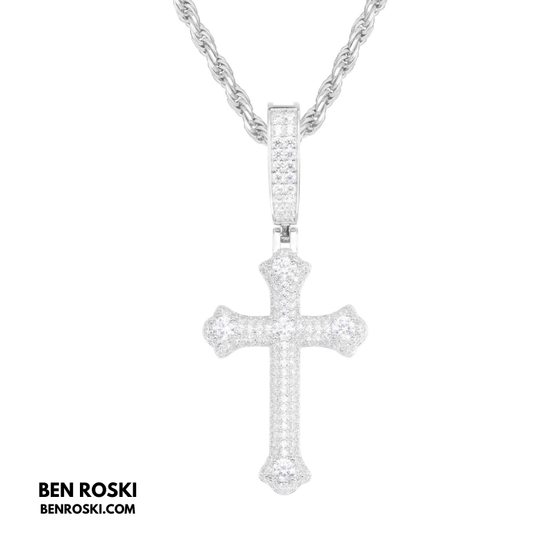 Iced Cross Pendant Sterling Silver, Gold & Rose Gold Plated | VVS Moissanite | GRA Certified