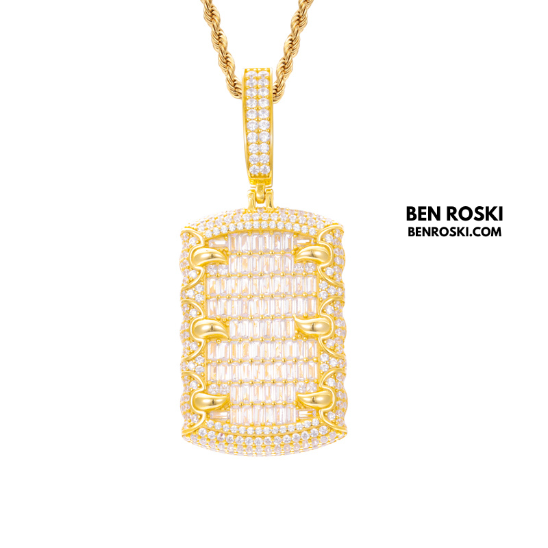 Baguette Dog Tag Pendant Sterling Silver, Gold & Rose Gold | VVS Moissanite | GRA Certified