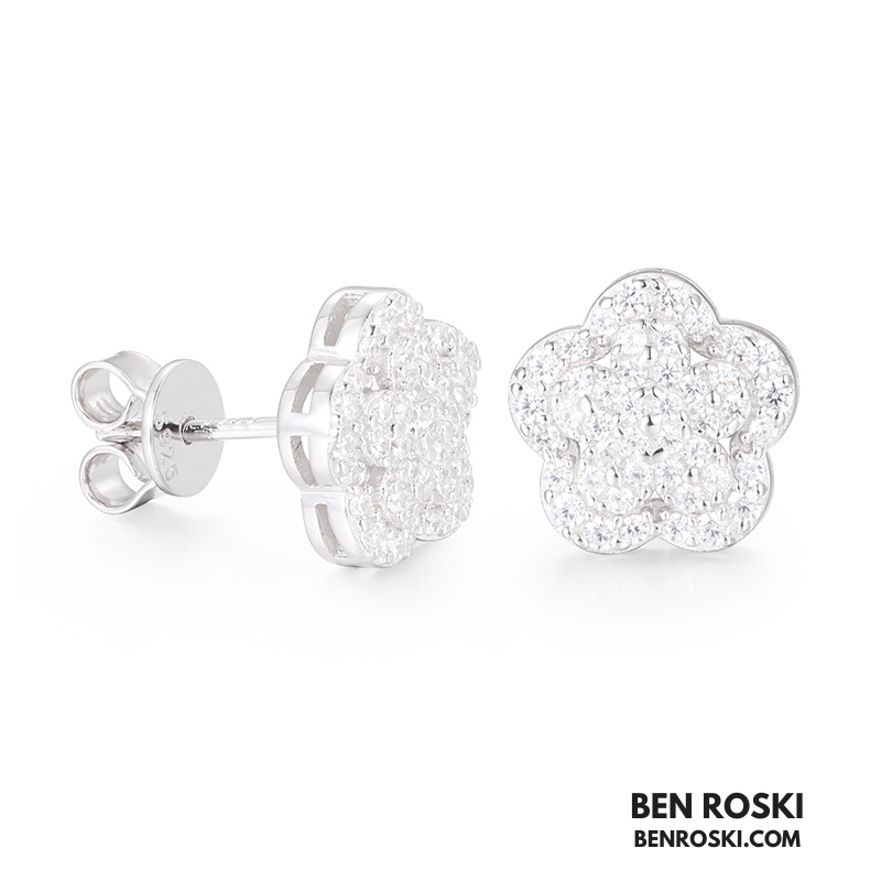 Flower Cluster Stud Earrings Sterling Silver, Gold, or Rose Gold Plated | VVS Moissanite | GRA Certified