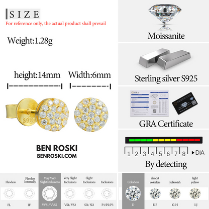 Round Cluster Stud Earrings Sterling Silver with Gold or Rose Gold Plating | VVS Moissanite | GRA Certified