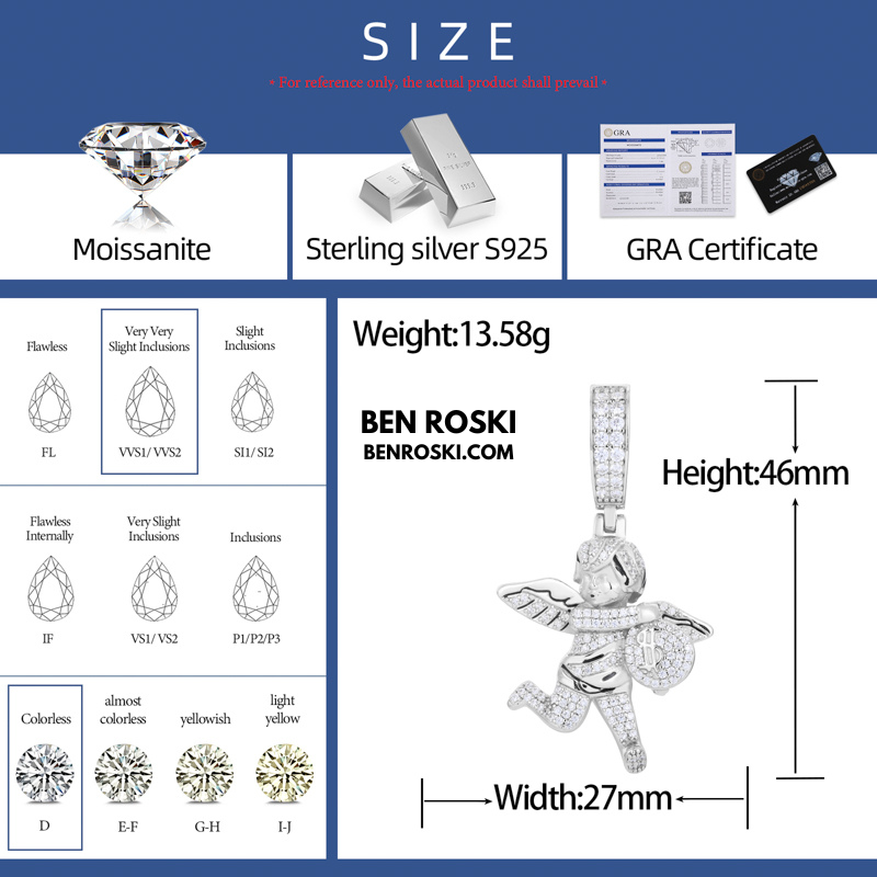 Angel Money Bag Pendant Sterling Silver or Gold & Rose Gold Plated | VVS Moissanite | GRA Certified