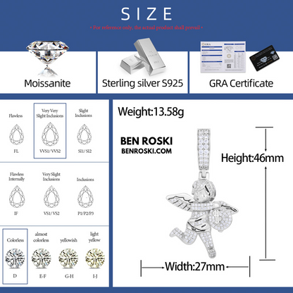 Angel Money Bag Pendant Sterling Silver or Gold & Rose Gold Plated | VVS Moissanite | GRA Certified