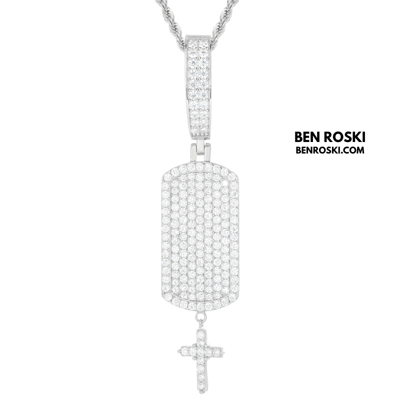 Iced Dog Tag Pendant with Cross Sterling Silver, Gold, or Rose Gold | VVS Moissanite | GRA Certified