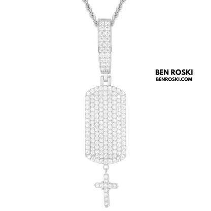 Iced Dog Tag Pendant with Cross Sterling Silver, Gold, or Rose Gold | VVS Moissanite | GRA Certified