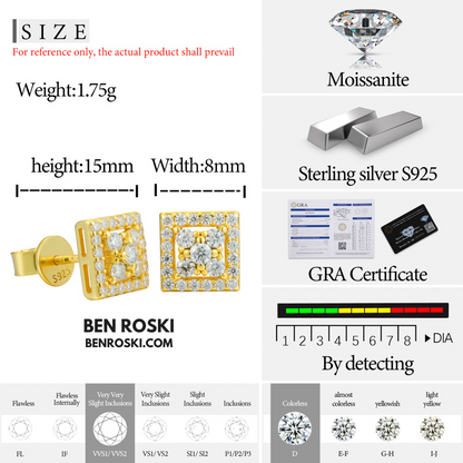 Square Cluster Stud Earrings Sterling Silver, Gold & Rose Gold Plated | VVS Moissanite | GRA Certified