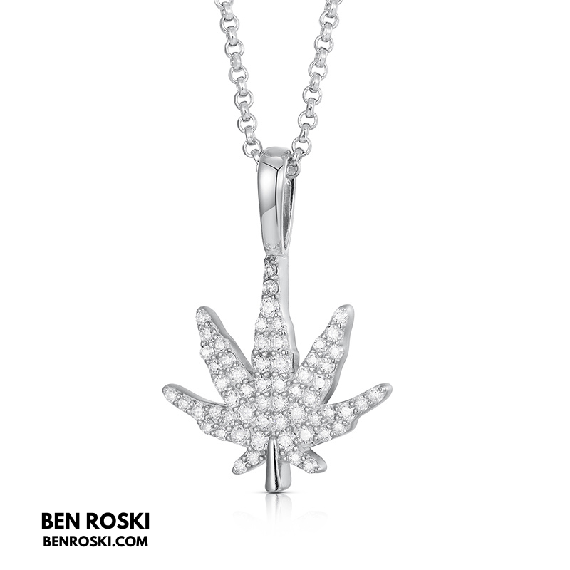 Cannabis Leaf Pendant Sterling Silver or Gold / Rose Gold Plated | VVS Moissanite | GRA Certified