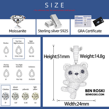 Dancing Teddy Bear Pendant Sterling Silver, Gold & Rose Gold | VVS Moissanite | GRA Certified