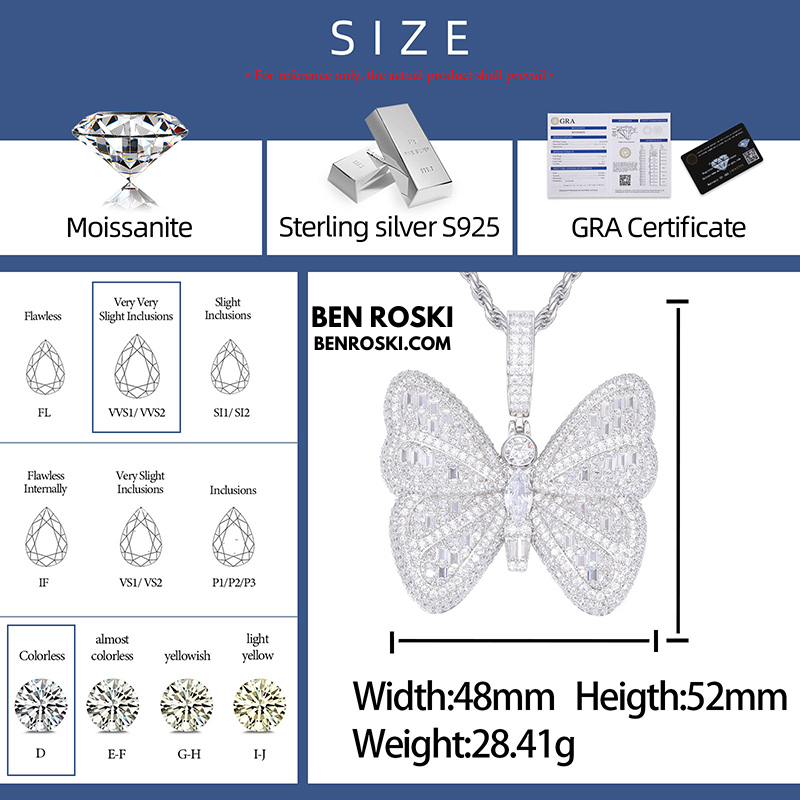 Butterfly Pendant Sterling Silver or Gold / Rose Gold Plated | VVS Moissanite | GRA Certified