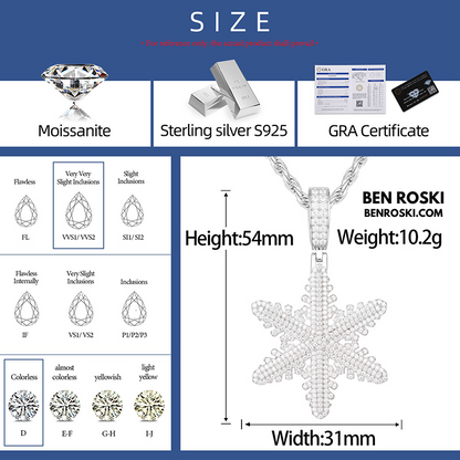 Iced Snowflake Pendant Sterling Silver or Gold/Rose Gold Plated | VVS Moissanite | GRA Certified