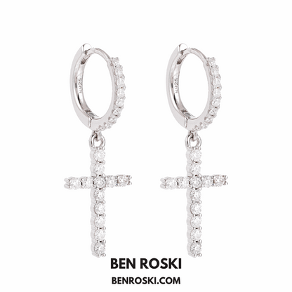 Moissanite Cross Hoop Earrings Sterling Silver, Gold, or Rose Gold | VVS Moissanite | GRA Certified