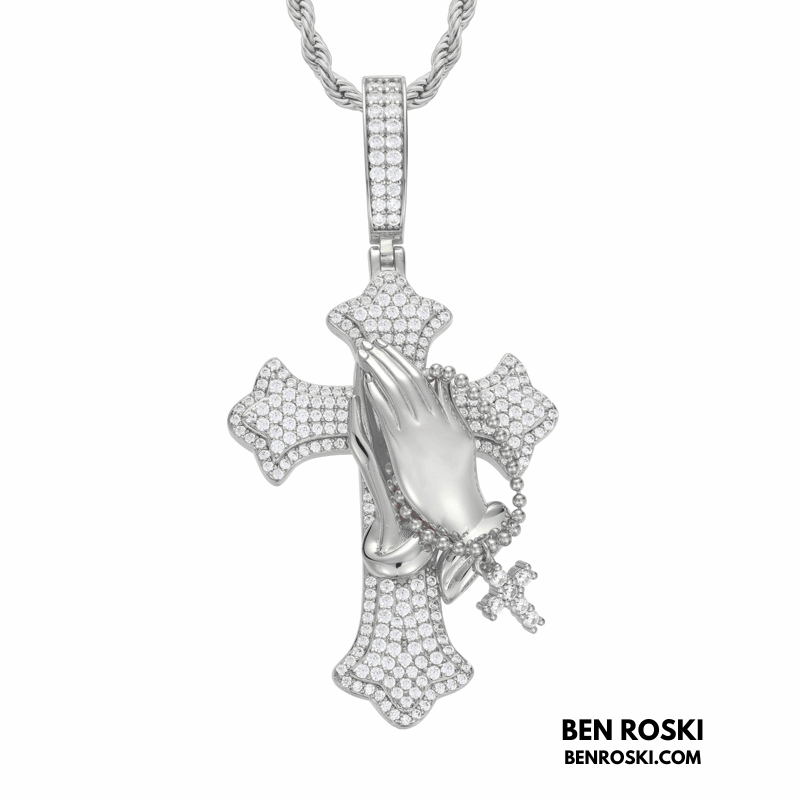 Praying Hands Cross Pendant – 71MM Height | VVS1 Moissanite | GRA Certified