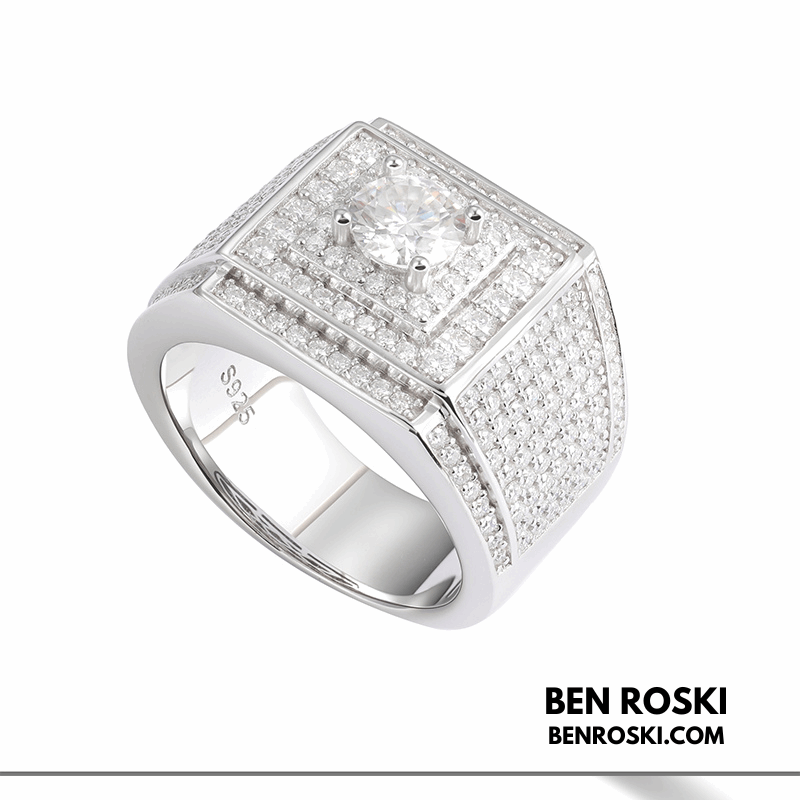 Men’s Iced Moissanite Square Statement Ring Sterling Silver, Gold, or Rose Gold | VVS Moissanite | GRA Certified