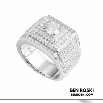 Men’s Iced Moissanite Square Statement Ring Sterling Silver, Gold, or Rose Gold | VVS Moissanite | GRA Certified