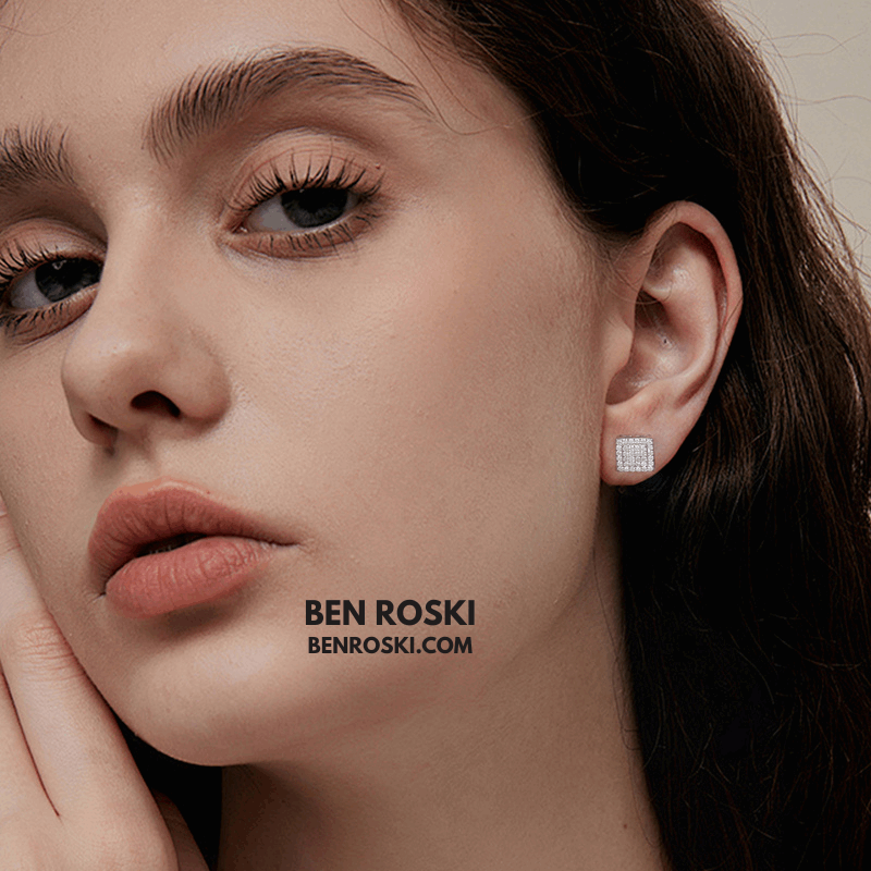 Square Cluster Stud Earrings Sterling Silver, Gold, or Rose Gold | VVS Moissanite | GRA Certified