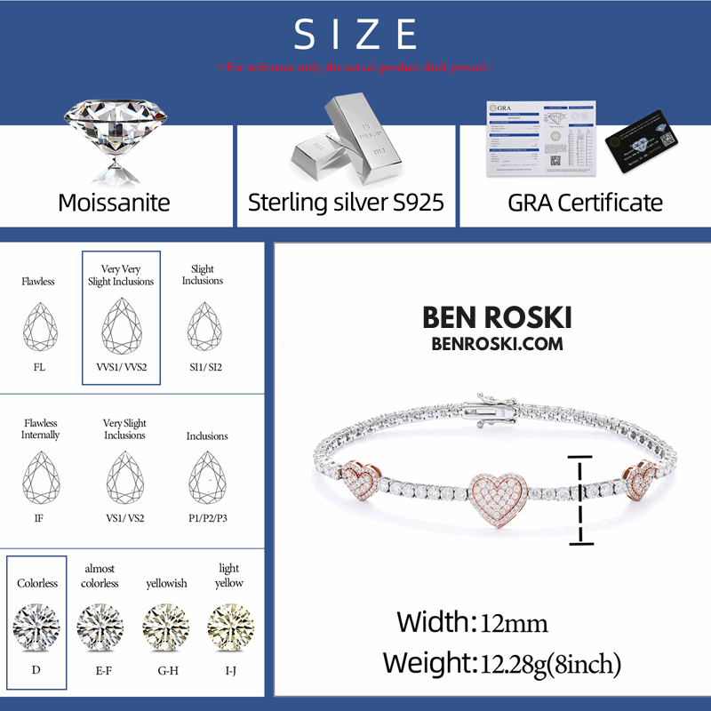 Heart Moissanite Tennis Bracelet – 12MM | 7–8 Inch | 12.28g | S925 Silver, Gold, or Rose Gold | VVS1 Moissanite | GRA Certified