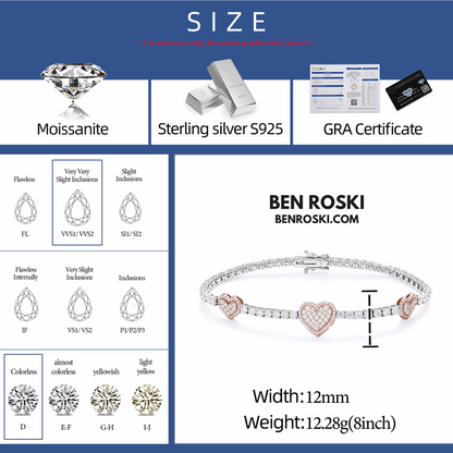 Heart Moissanite Tennis Bracelet – 12MM | 7–8 Inch | 12.28g | S925 Silver, Gold, or Rose Gold | VVS1 Moissanite | GRA Certified