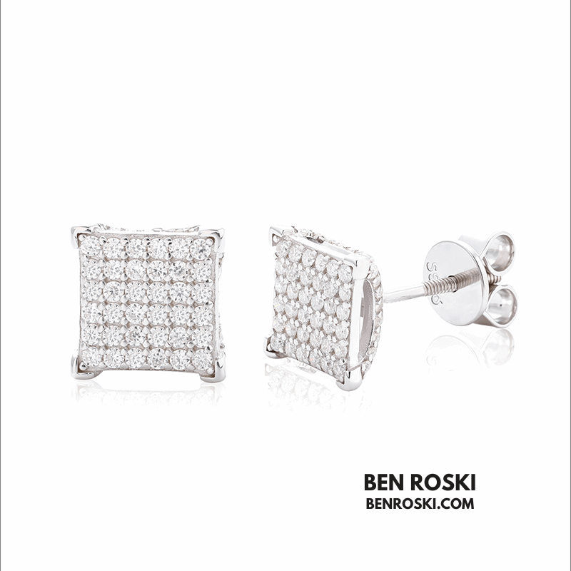 Square Cluster Stud Earrings Sterling Silver, Gold, or Rose Gold | VVS Moissanite | GRA Certified