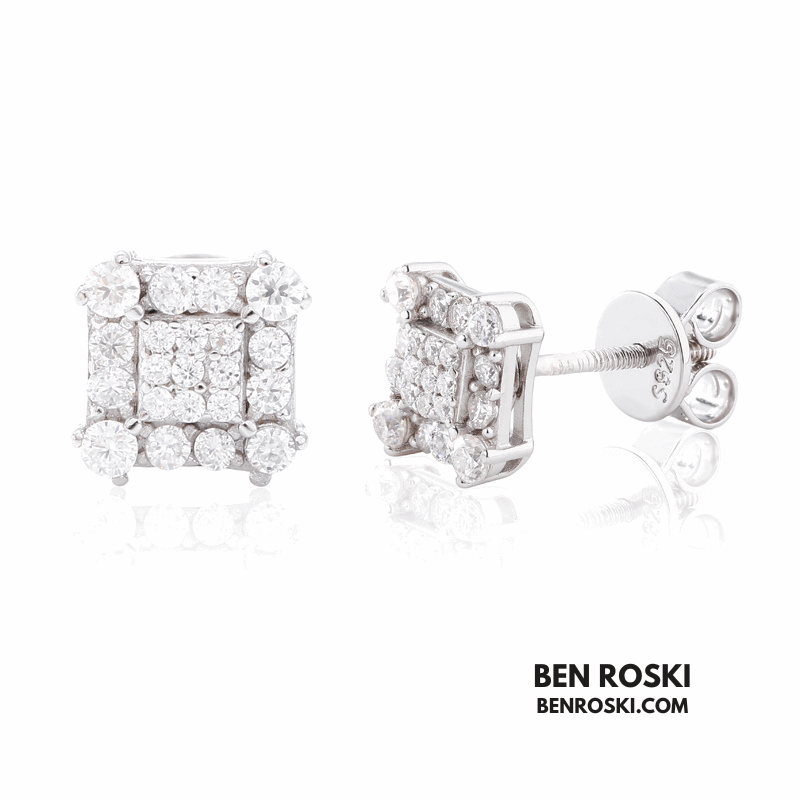 Square Cluster Stud Earrings Sterling Silver, Gold & Rose Gold Plated | VVS Moissanite | GRA Certified