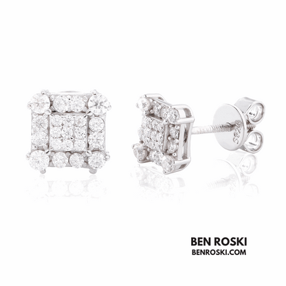 Square Cluster Stud Earrings Sterling Silver, Gold & Rose Gold Plated | VVS Moissanite | GRA Certified