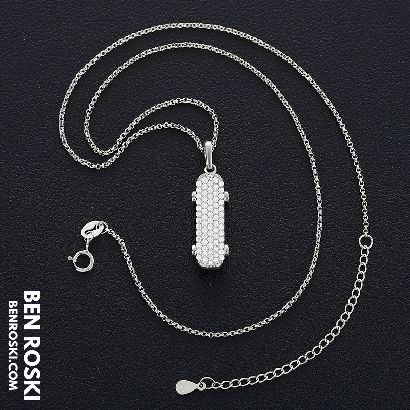 Skateboard Pendant Necklace Sterling Silver, Gold, or Rose Gold | VVS Moissanite | GRA Certified