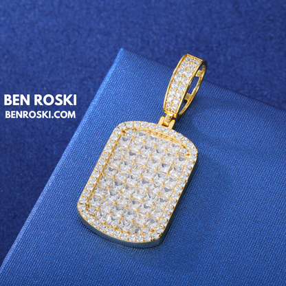 Iced Moissanite Rectangular Pendant Sterling Silver, Gold or Rose Gold Plated | VVS Moissanite | GRA Certified