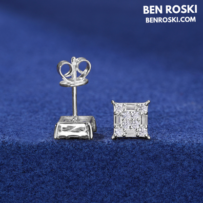 Square Cluster Stud Earrings Sterling Silver or Gold/Rose Gold Plated | VVS Moissanite | GRA Certified