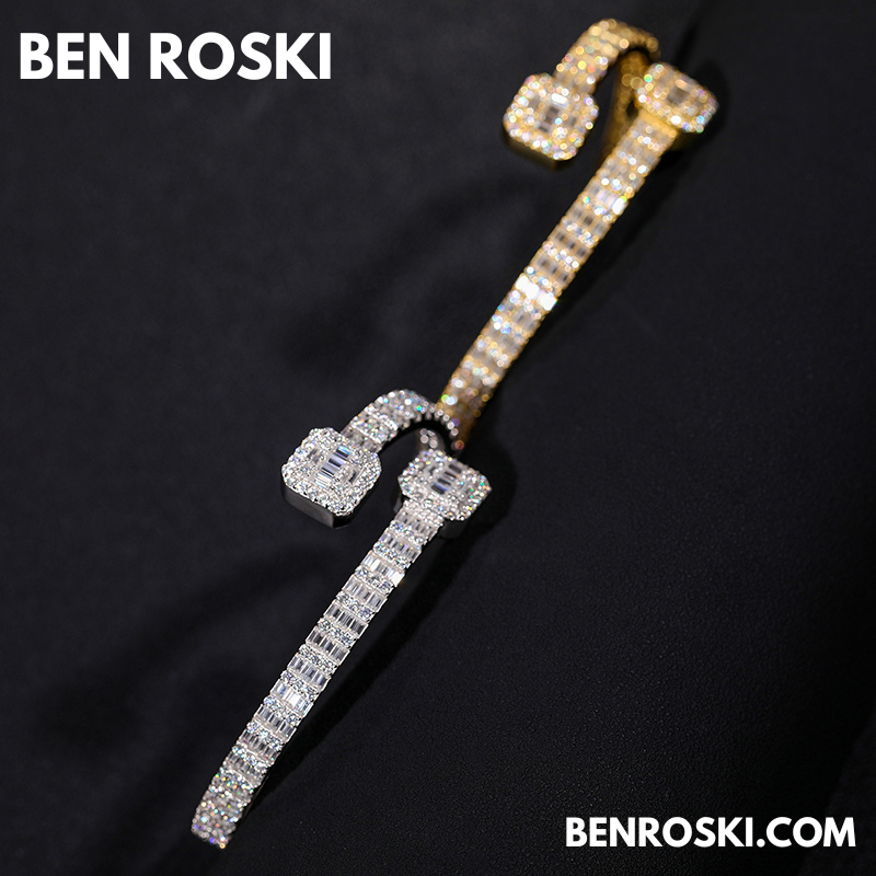 Baguette Moissanite Open Bangle – 7/8-Inch | 5.5MM | Silver, Gold Plated & Rose Gold Plated over 925 Silver | GRA Certified