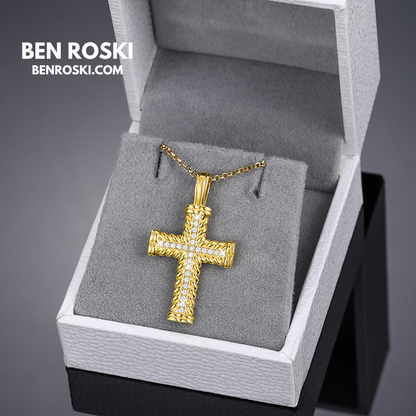 Rope-Edge Moissanite Cross Pendant Sterling Silver, Gold, or Rose Gold | VVS Moissanite | GRA Certified