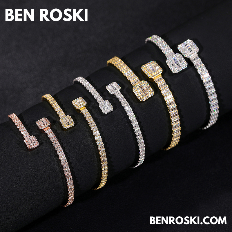 Baguette Moissanite Open Bangle – 7/8-Inch | 5.5MM | Silver, Gold Plated & Rose Gold Plated over 925 Silver | GRA Certified