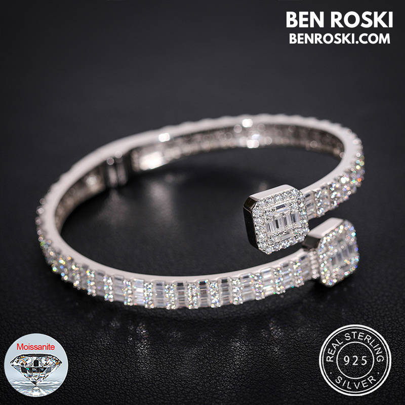 Baguette Moissanite Open Bangle – 7/8-Inch | 5.5MM | Silver, Gold Plated & Rose Gold Plated over 925 Silver | GRA Certified