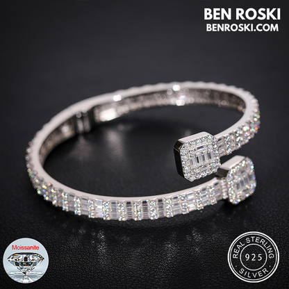 Baguette Moissanite Open Bangle – 7/8-Inch | 5.5MM | Silver, Gold Plated & Rose Gold Plated over 925 Silver | GRA Certified