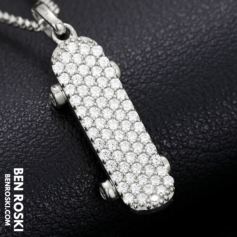 Skateboard Pendant Necklace Sterling Silver, Gold, or Rose Gold | VVS Moissanite | GRA Certified