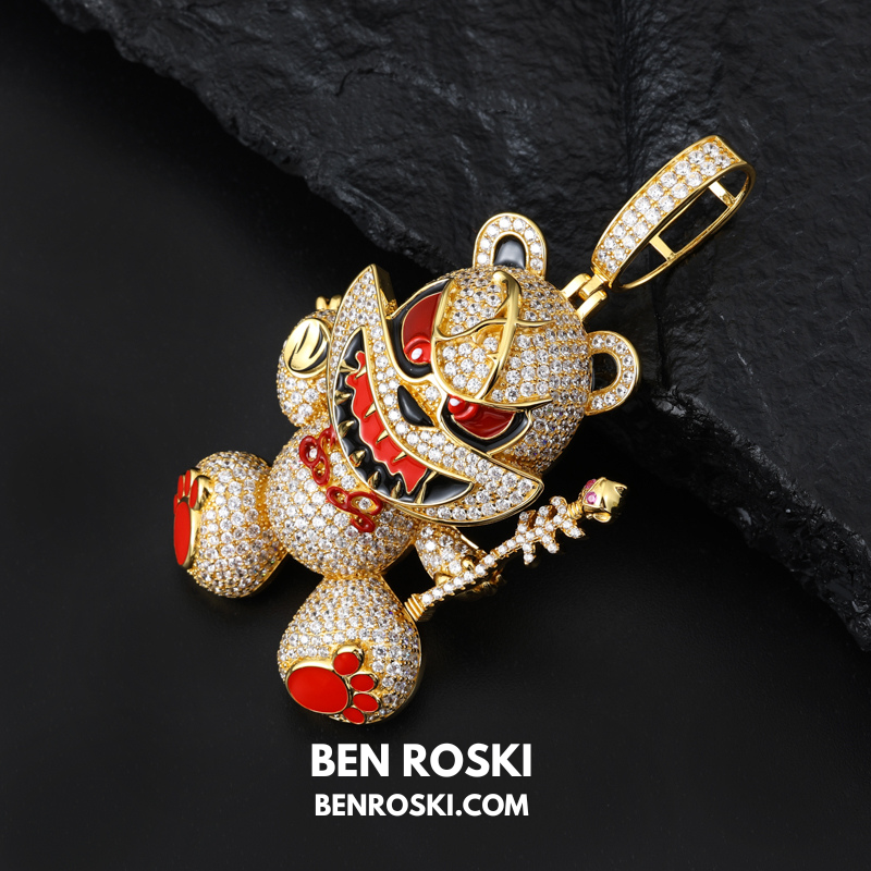 Evil Teddy Bear Pendant Sterling Silver or Gold / Rose Gold Plated | VVS Moissanite | GRA Certified