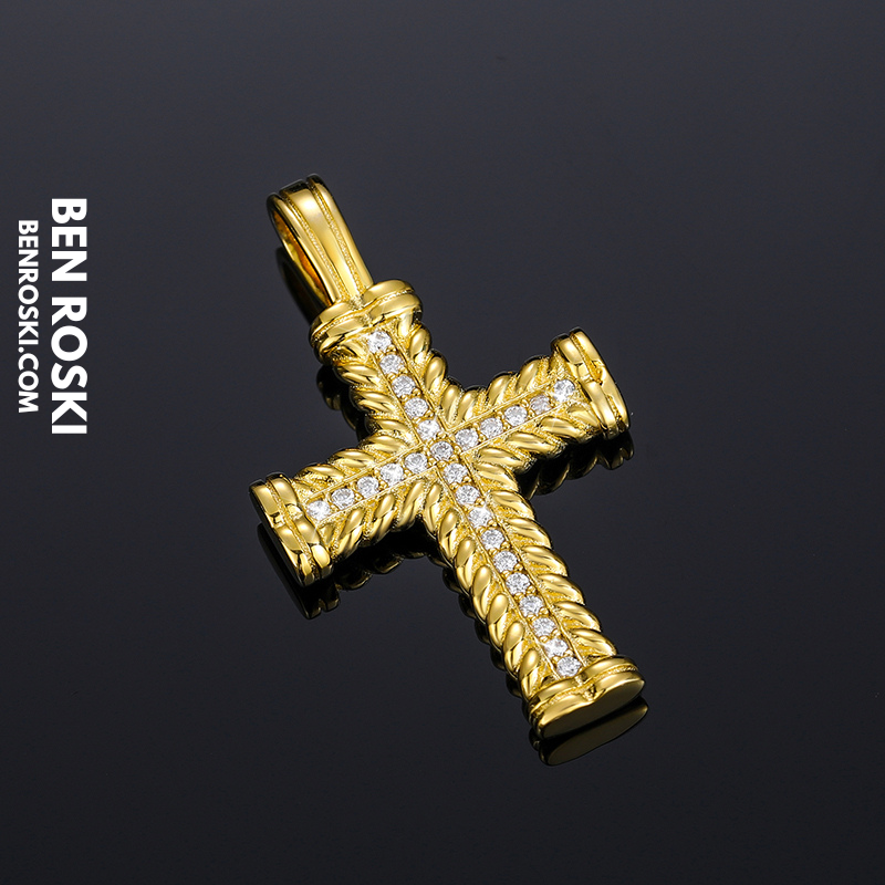 Rope-Edge Moissanite Cross Pendant Sterling Silver, Gold, or Rose Gold | VVS Moissanite | GRA Certified