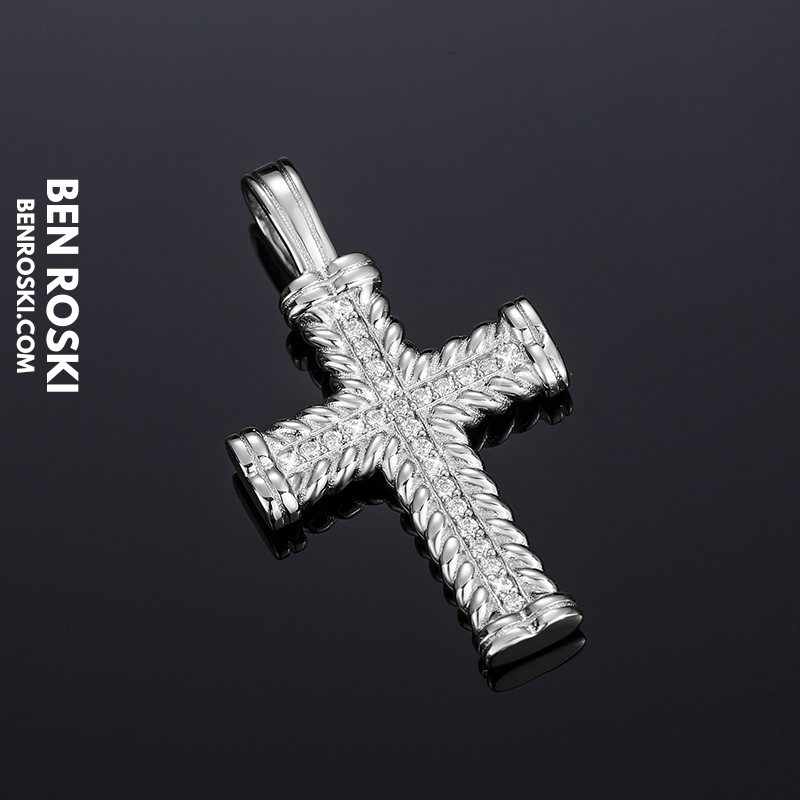 Rope-Edge Moissanite Cross Pendant Sterling Silver, Gold, or Rose Gold | VVS Moissanite | GRA Certified