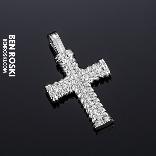 Rope-Edge Moissanite Cross Pendant Sterling Silver, Gold, or Rose Gold | VVS Moissanite | GRA Certified