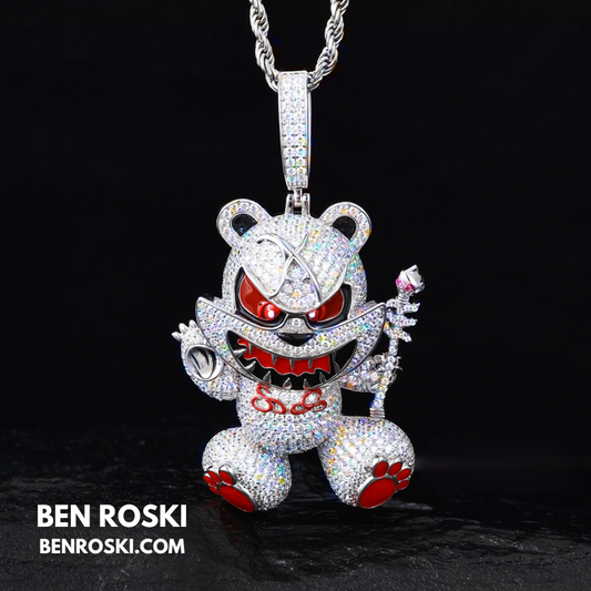 Evil Teddy Bear Pendant Sterling Silver or Gold / Rose Gold Plated | VVS Moissanite | GRA Certified