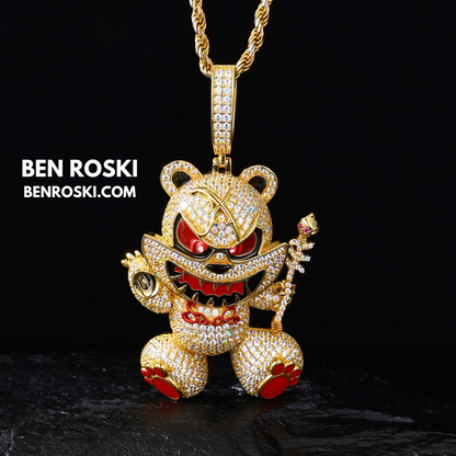 Evil Teddy Bear Pendant Sterling Silver or Gold / Rose Gold Plated | VVS Moissanite | GRA Certified