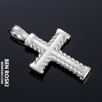 Rope-Edge Moissanite Cross Pendant Sterling Silver, Gold, or Rose Gold | VVS Moissanite | GRA Certified