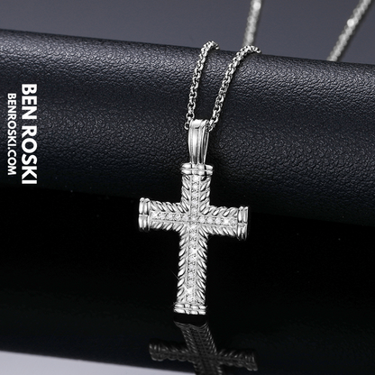 Rope-Edge Moissanite Cross Pendant Sterling Silver, Gold, or Rose Gold | VVS Moissanite | GRA Certified