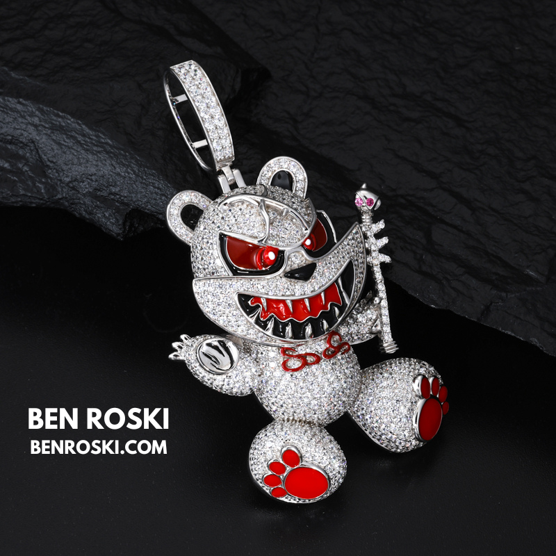 Evil Teddy Bear Pendant Sterling Silver or Gold / Rose Gold Plated | VVS Moissanite | GRA Certified