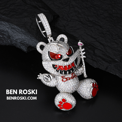 Evil Teddy Bear Pendant Sterling Silver or Gold / Rose Gold Plated | VVS Moissanite | GRA Certified