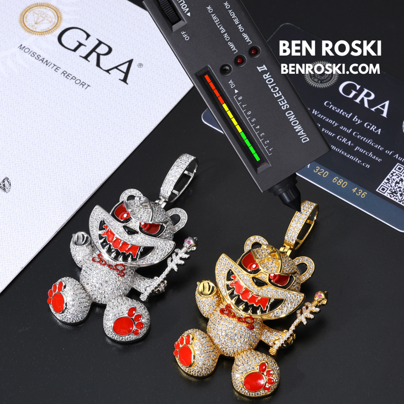 Evil Teddy Bear Pendant Sterling Silver or Gold / Rose Gold Plated | VVS Moissanite | GRA Certified