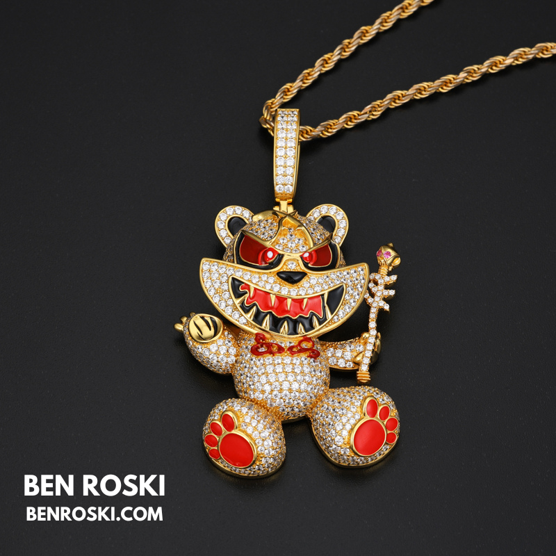 Evil Teddy Bear Pendant Sterling Silver or Gold / Rose Gold Plated | VVS Moissanite | GRA Certified