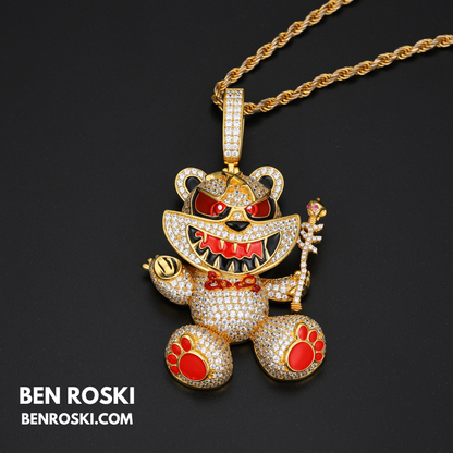 Evil Teddy Bear Pendant Sterling Silver or Gold / Rose Gold Plated | VVS Moissanite | GRA Certified
