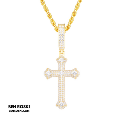 Iced Cross Pendant Sterling Silver, Gold & Rose Gold Plated | VVS Moissanite | GRA Certified